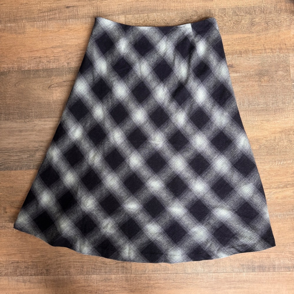 David Brooks Wool Blend Plaid A-Line Midi Skirt Black Grey White Size 16